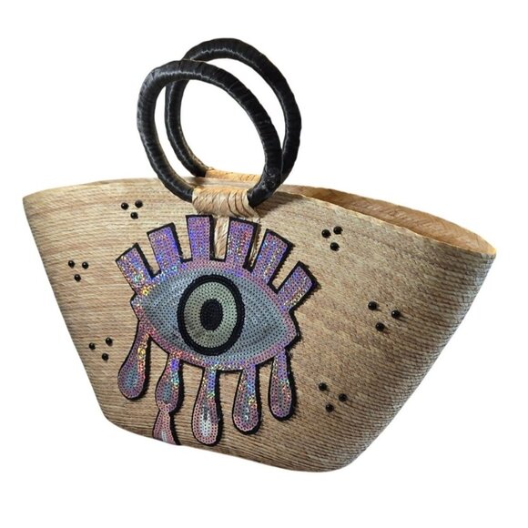 Vintage Handcrafted Straw "Evil Eye" Purple Sequin Beach Tote Purs - Picture 1 of 16